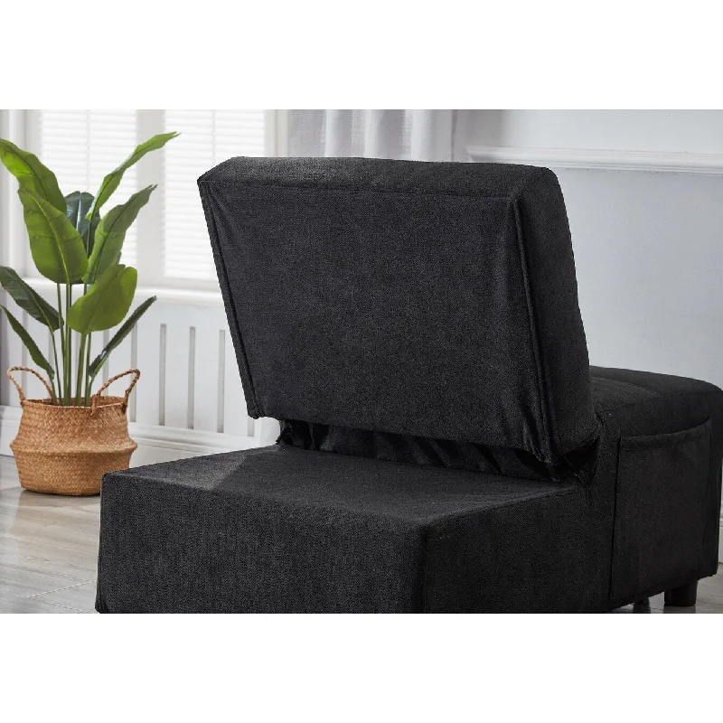 Black 25" Button Tufted Ottoman Chair with Side Pocket