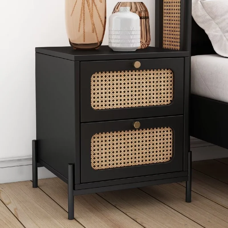 Cannage Rattan Wood Closet 2-Drawer Side Table End Table Nightstand