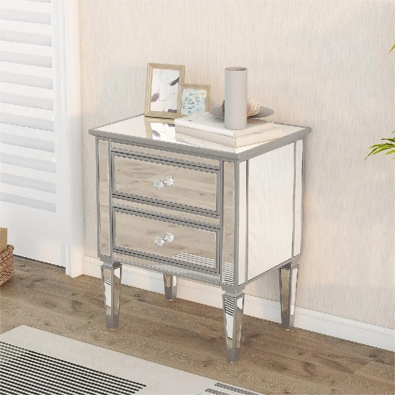 Elegant Mirrored Side Table with 2 Drawers, Modern Silver Finished for Living Room, Hallway, Entryway