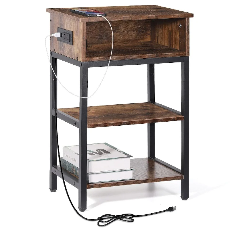 End Table 3- Tier with Charging Station, Narrow Side Table with Drawer and USB Ports & Power Outlets, Nightstand