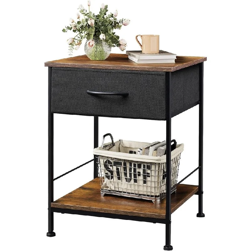 End Table with Fabric Storage Drawer and Open Wood Shelf 11.8" L x 15.8" W x 24.9" H