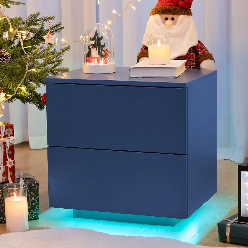 Featured Office Filing Cabinet, LED End Table Decorative Cabinet with Two Drawers, Blue Living Room Storage Cabinet