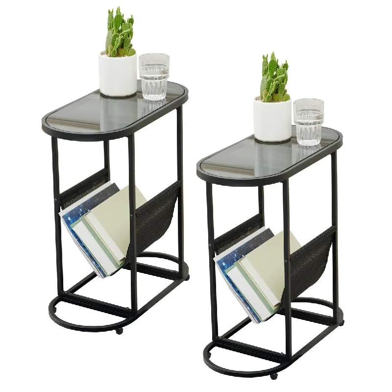 Glass oval small side tables for living room in small spaces with magazines organizer and storage space (set of 2)