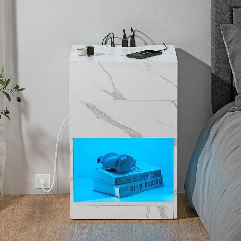 Hommpa Modern Lower Shelf End Table LED Nightstands With 2 Drawers and Charging Station