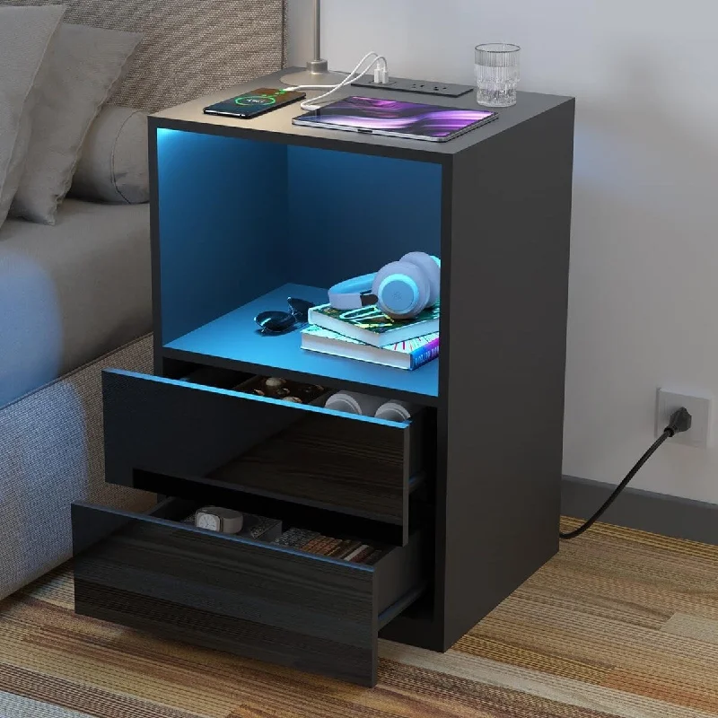 Hommpa Modern Upper Shelf End Table LED Nightstand With 2 Drawers and Charging Station