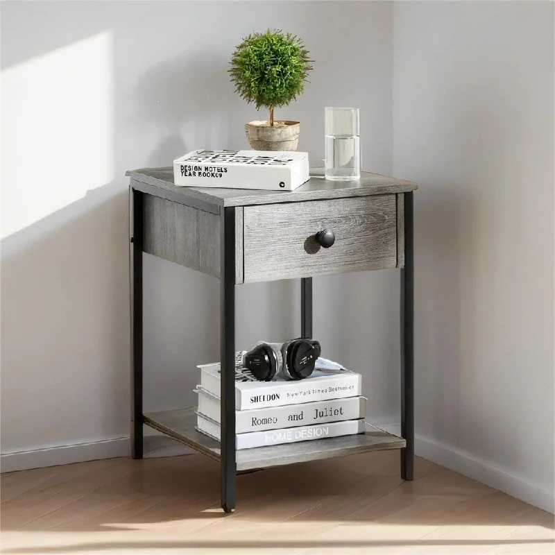 Industrial End Table with Storage Shelf, Accent Side Table with Drawer