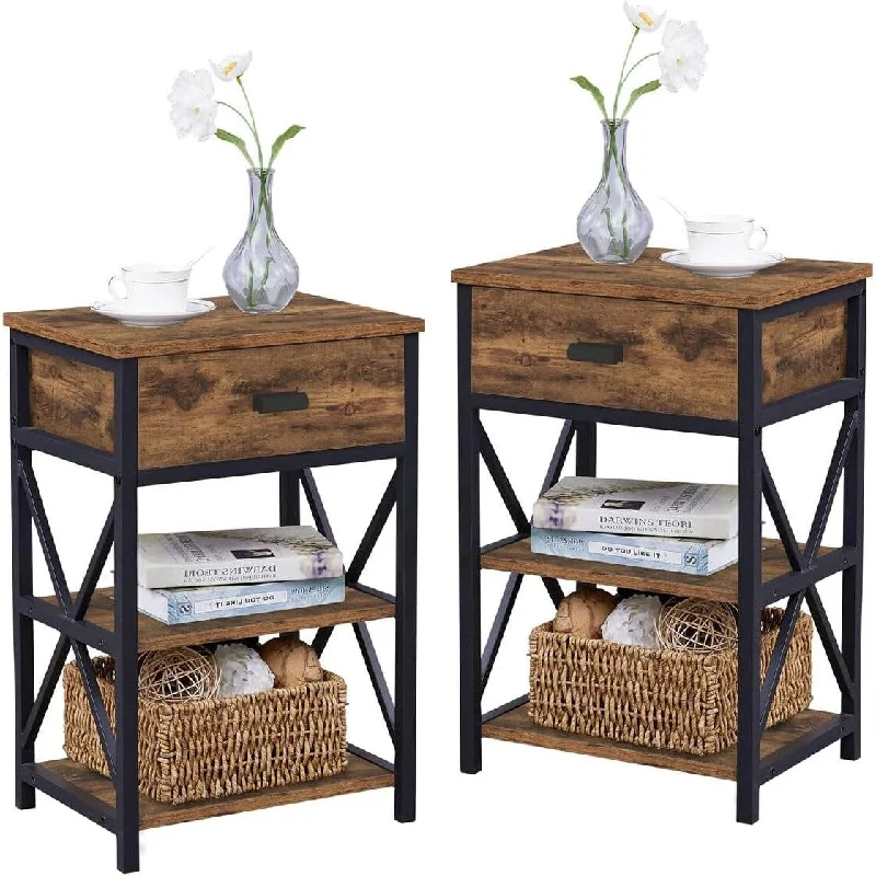 Industrial Rustic Side Table, Small Narrow Night Stand with Drawer 12.2"D x 16.14"W x 24.2"H