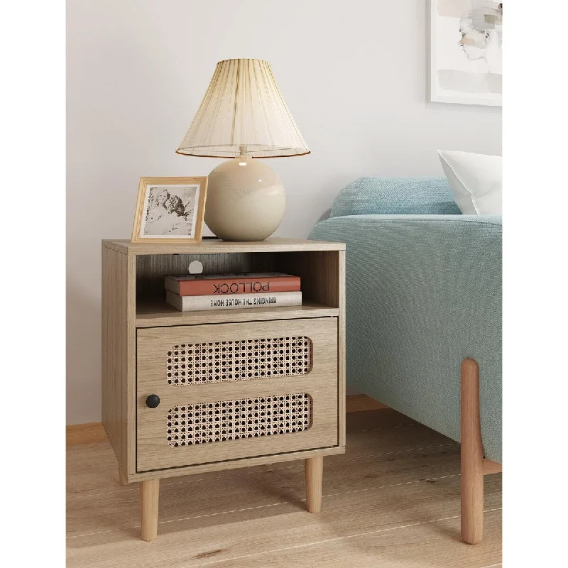 Mid Century Modern End Side Table with Rattan Doors