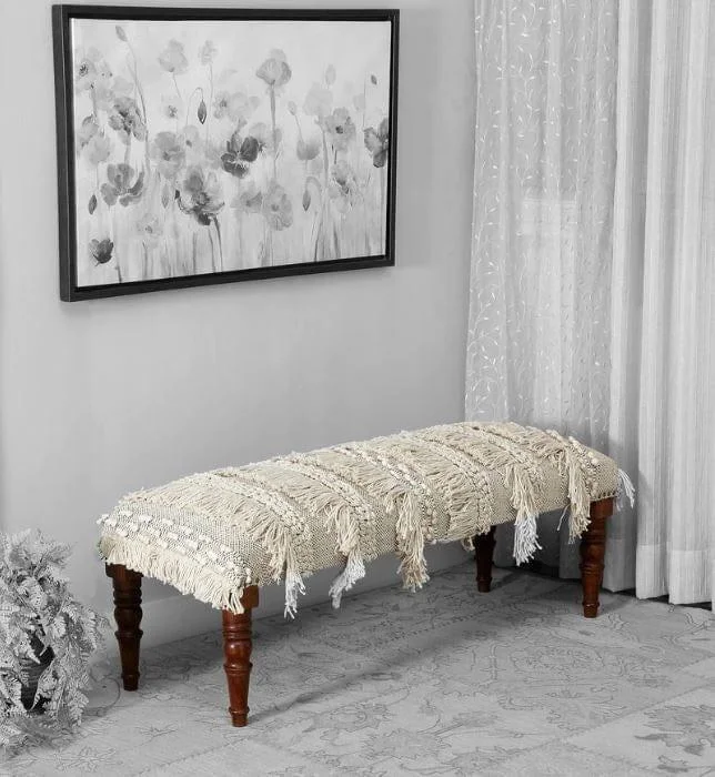 morrila Mango Wood Bench In Cotton White Colour