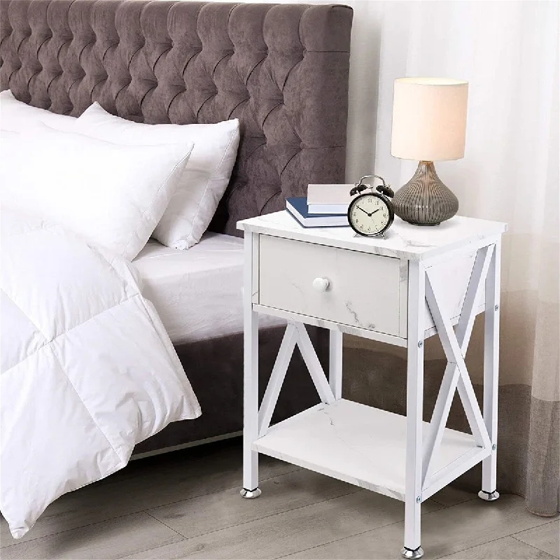 Multi-Function Nightstands End Table Drawer Shelf X-Shape Frame White