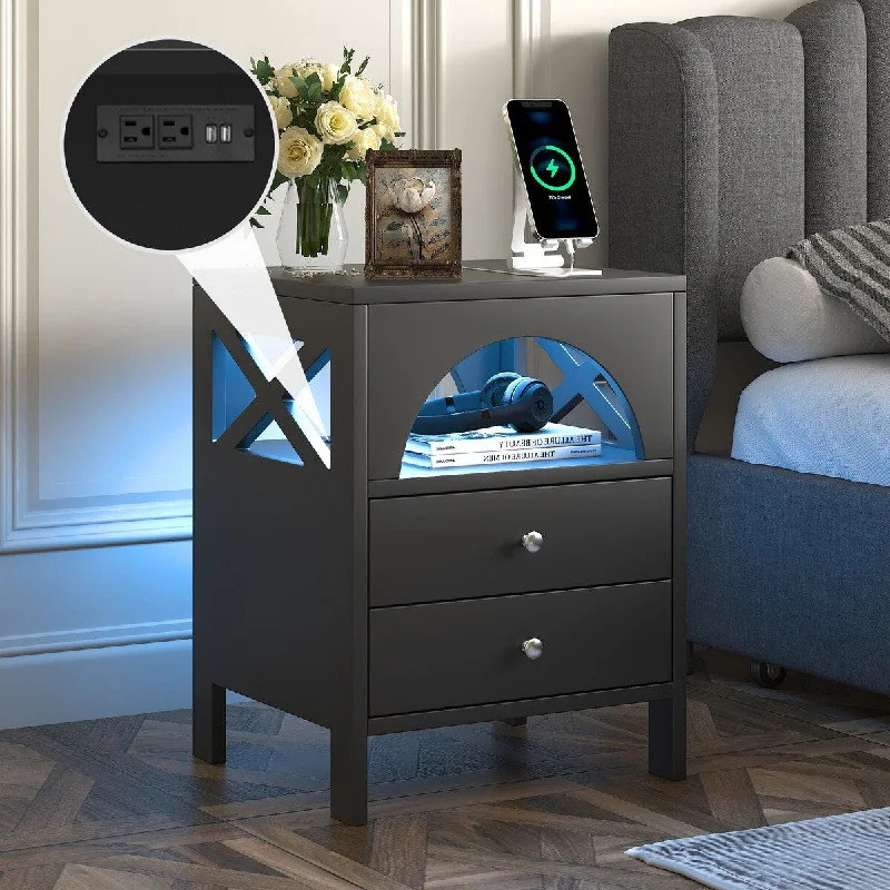 Multifunctional Nightstand with USB Charging Ports and LED Lights - End Table with 2 Drawers and Shelf - Black