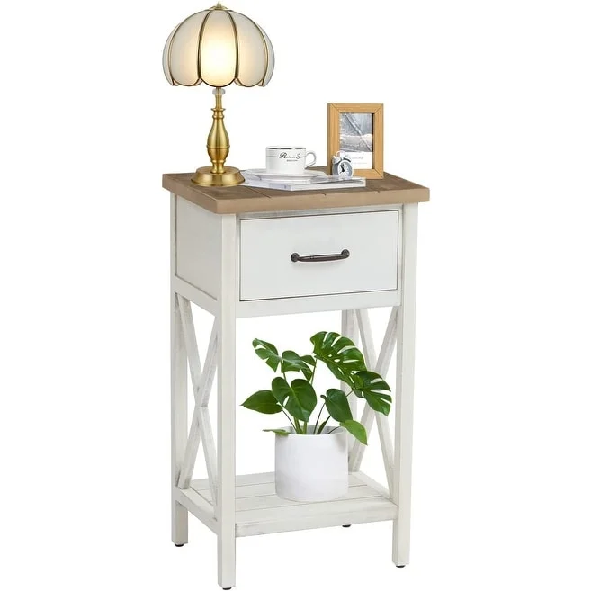 Narrow Wooden Nightstand with Drawer & Metal Handle, Rustic Beside Table with Storage Shelf, Accent End Table Furniture