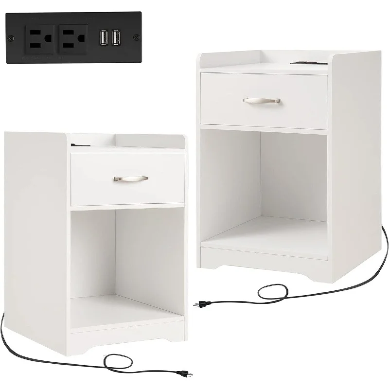 Night Stand Set 2 Side Tables Modern with Charging Station 15.7"D x 15.7"W x 23.6"H