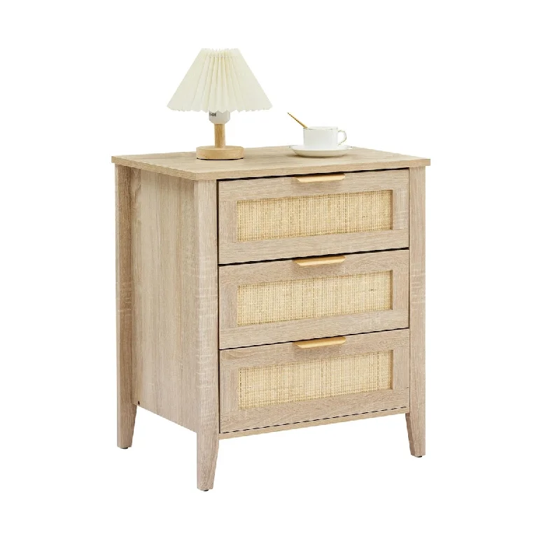 Nightstand, Rattan End Table, Rattan Nightstand Boho Cabinet with 3 Natural Rattan Drawers