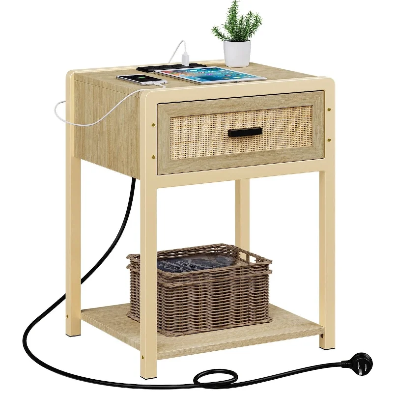 Nightstand with Charging Station, End Table with Wooden Rattan Drawer, Open Storage Shelf and Metal Golden Frame