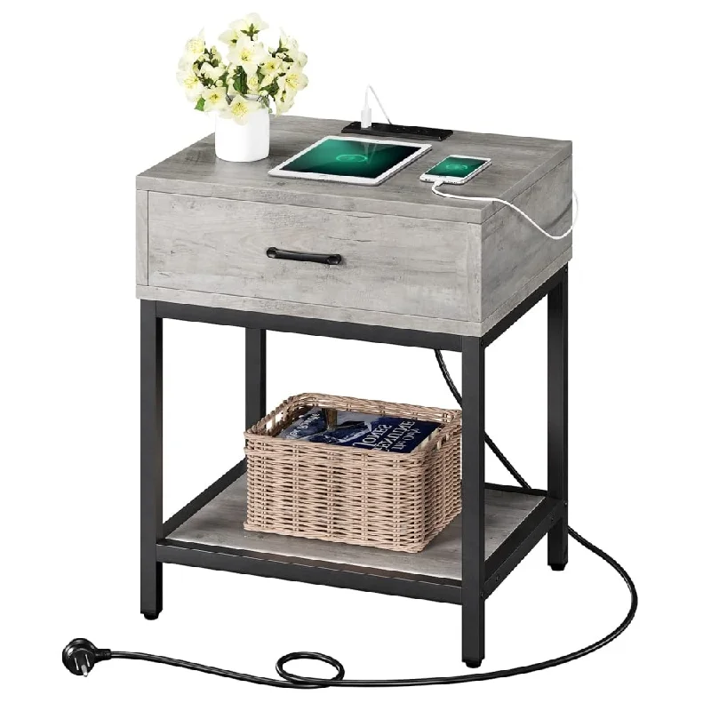 Nightstand with Charging Station, Nightstand with USB Ports & Power Outlets, End Table Side Table with Drawer