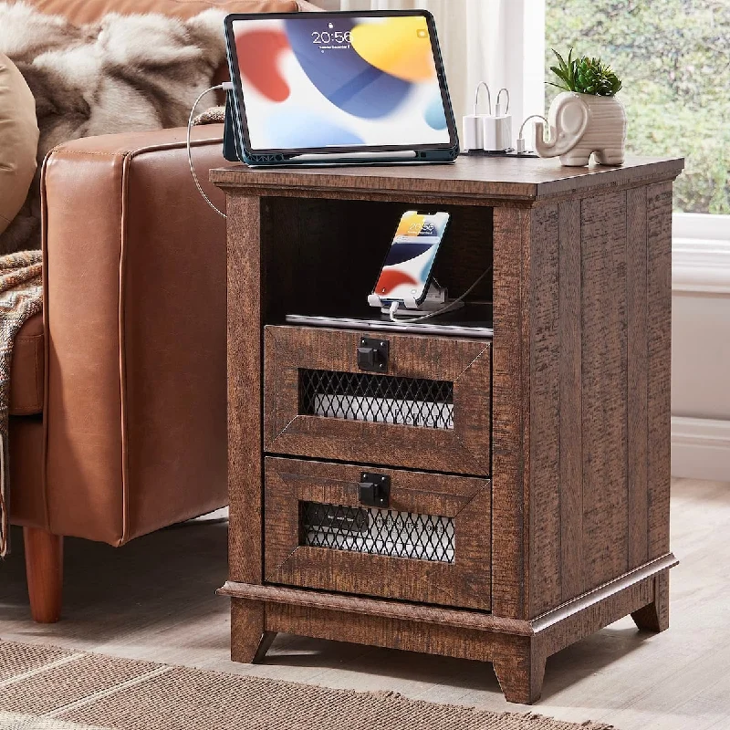 Nightstand with Charging Station,OKD 18'' Industrial & Farmhouse End Table with 2 Drawers &Open Cubby