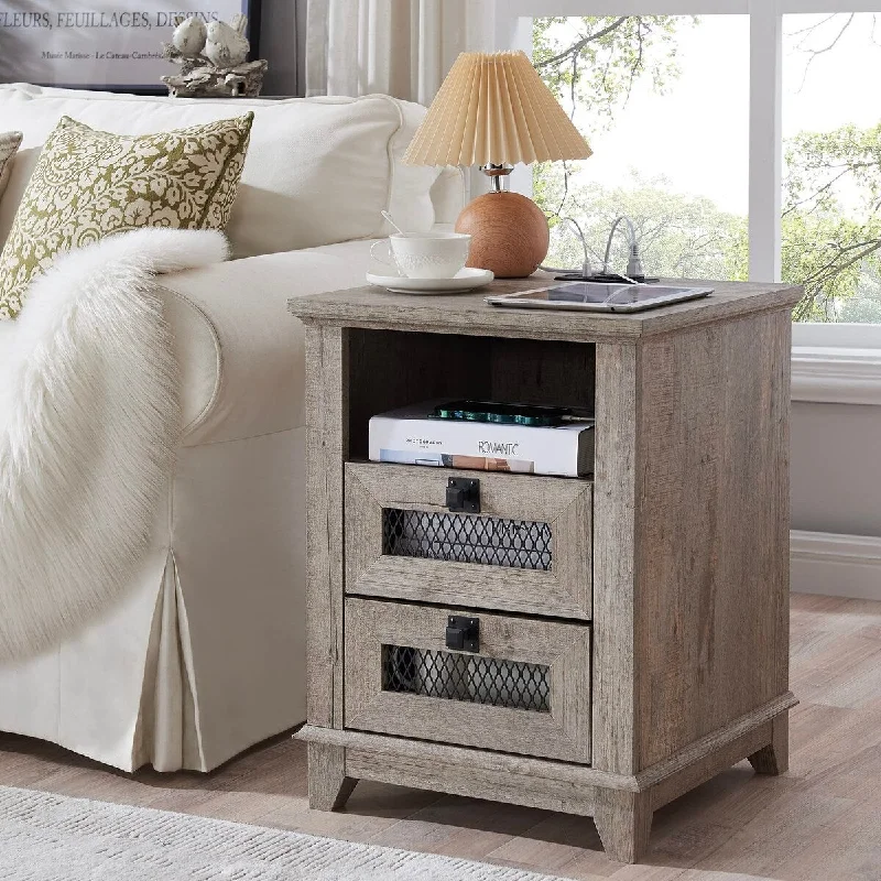 Nightstand with Charging Station,OKD 18'' Industrial & Farmhouse End Table with 2 Drawers & Open Cubby,