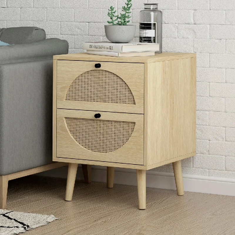 Nightstand with Rattan Storage Drawers, End Table Side Table Wooden Coffee Table Accent Home Decor