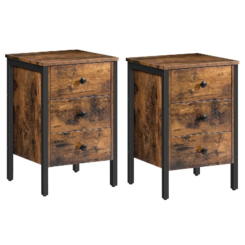 Nightstands Set of 2, End Table with 3 Drawers and Storage Shelf, Retro Industrial Style End Table, for Living Room,