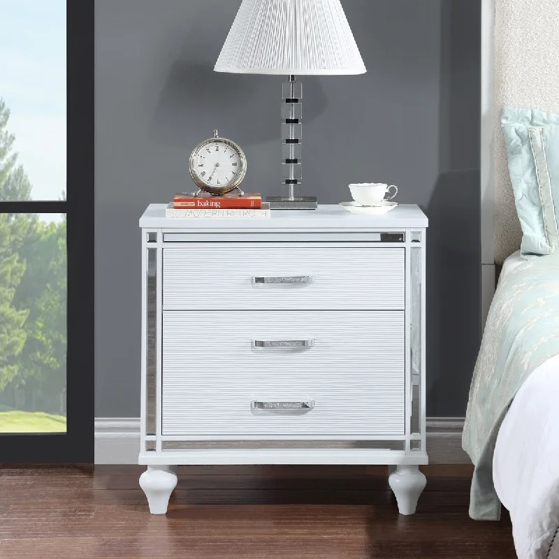 Nightstands with Felt Lined Top Drawer, Mirror Frame Accents Storage Table, White End Table with Crystal Pull for Living Room