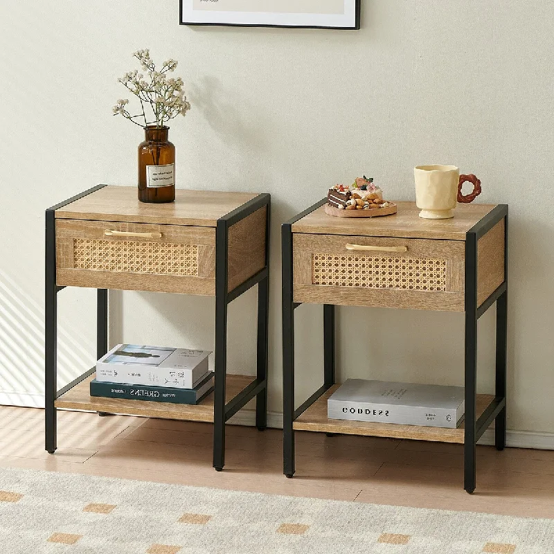 Rattan End Table Set of 2, Nightstand with Rattan Drawer, Hallway Cupboard Cabinet End Table with Metal Legs, Natural