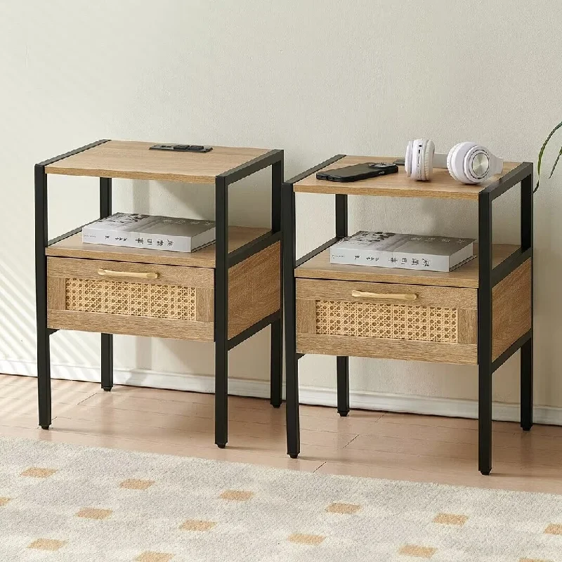 Rattan End table with Power Outlet & USB Ports ,Nightstand with Drawer