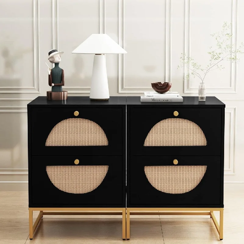 Rattan Nightstand Set of 2, Wooden End Table, Modern Side Table with 2Table 15.75"D x 15.75"W x 20.89"H