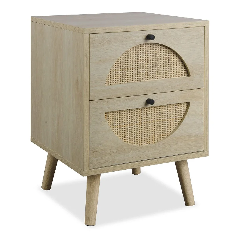 Rattan Nightstand, Wicker Rattan End Table, Side Table with 2 Hand Made Rattan Decorated Drawers, Wood Accent Table