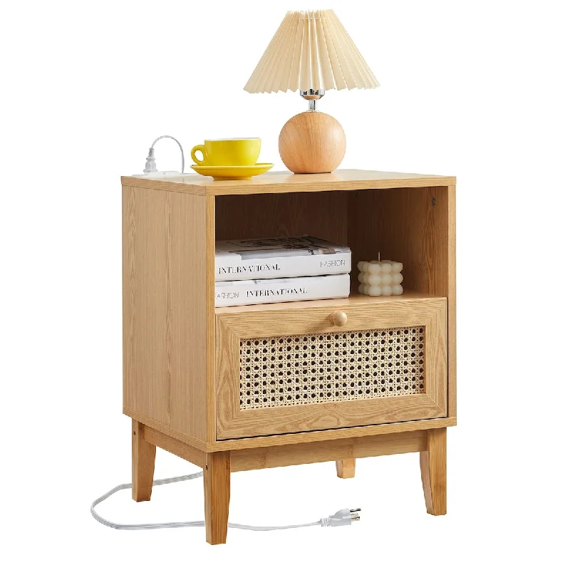 Rattan Nightstand with Charging Station, Boho End Table with Handmade Rattan Decorated Drawer, Mid-Century Side Table