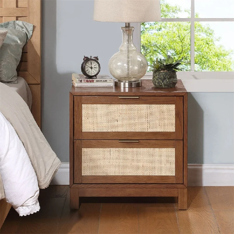 Rattan Nightstand, Wood End Table, Side Table with 2 Drawers