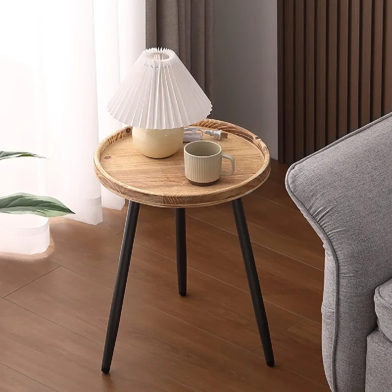 Round End Table Mental Side Table Nightstand/Small Wood Tables Accent Coffee Table with Wooden Tray