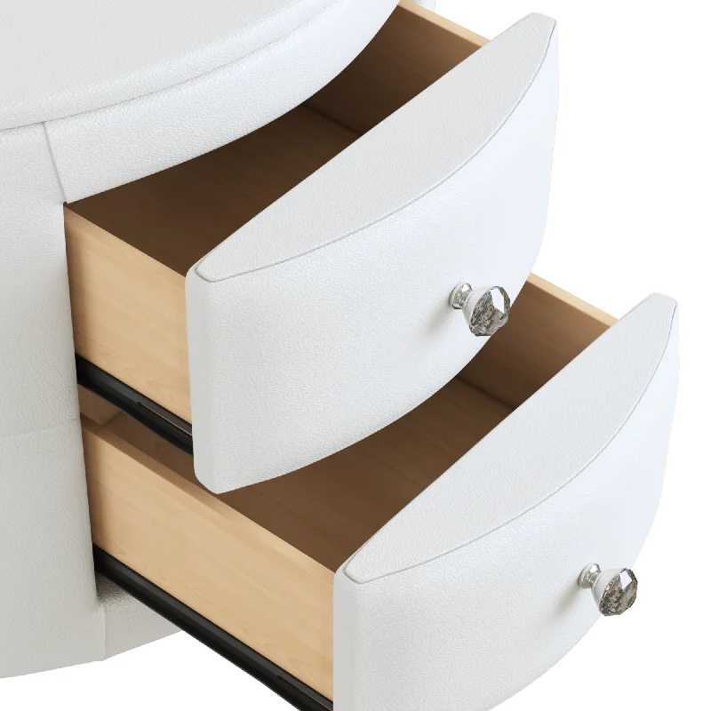 Round Nightstand White PU Accent Side Table with Storage End Table