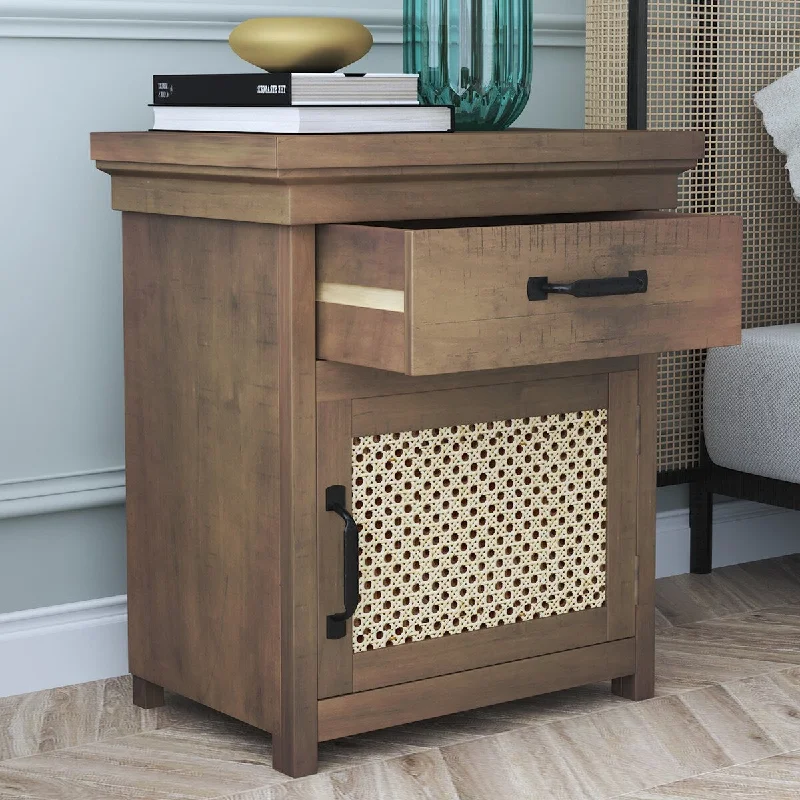 Rustic Nightstand with Drawer and Rattan Design Cabinet, End Table, MDF Accent Cabinet 1 Large Flipping Rattan Cabine