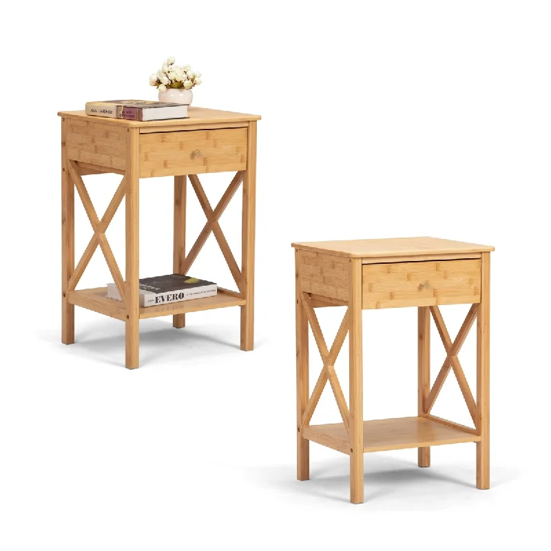 Set of 2 Farmhouse Bamboo Nightstand, Wood End Table