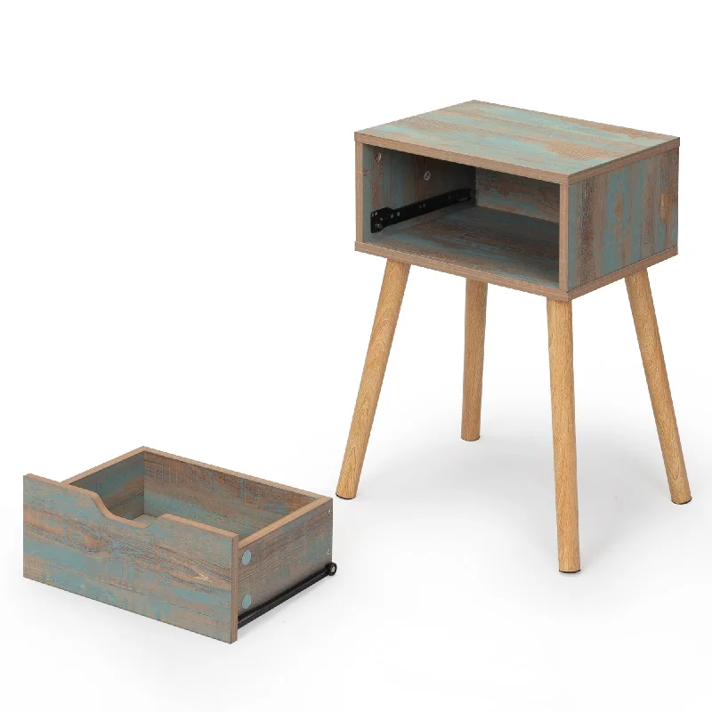 Set of 2 Nightstand, Wooden End Table with Storage Drawer, Beside Table Side Table, Living Room Snack Table, Rusty Green