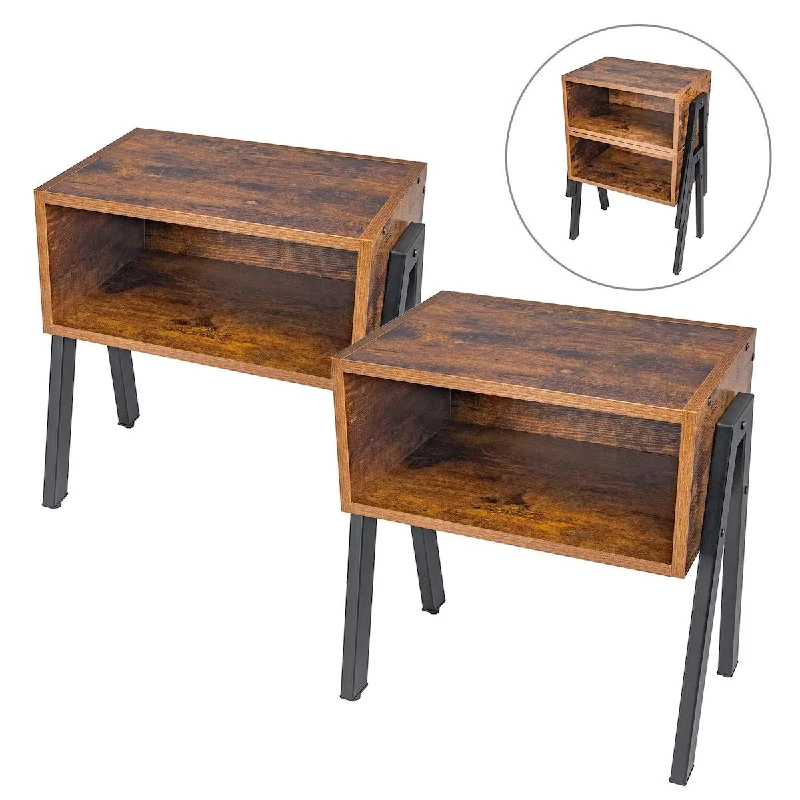 Set of 2 Stackable End Table, Side Table for Small Spaces, Industrial Accent Furniture, Metal Frame, Rustic Brown