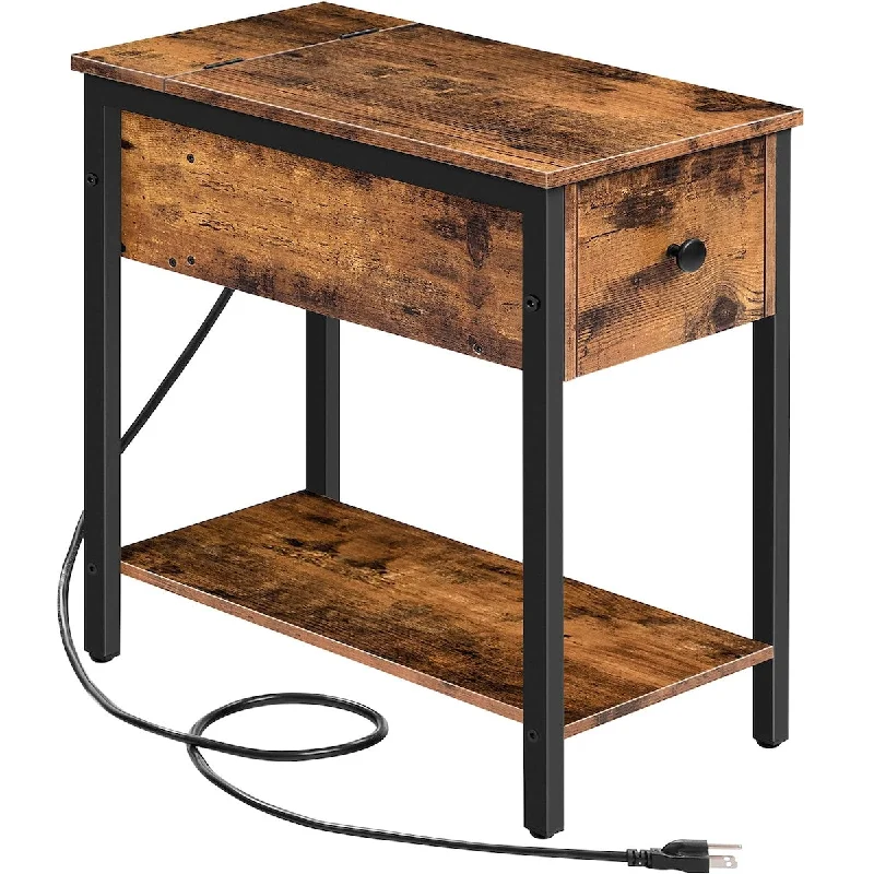 Side Table with Charging Station, Narrow Nightstand with Drawer & USB Ports & Power Outlets, End Table for Small Spaces