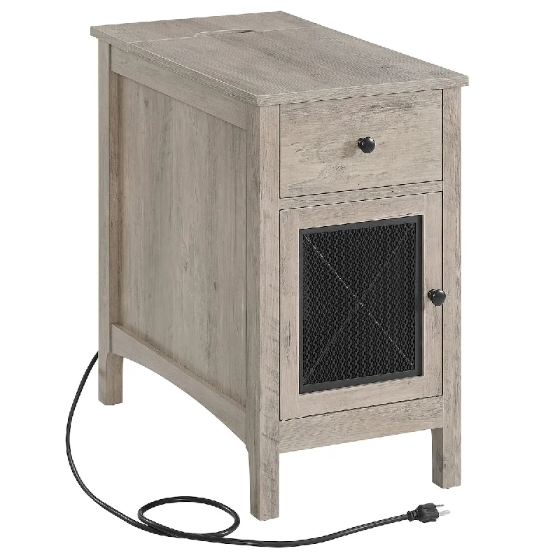 Side Table with Storage, End Table with USB Ports and Outlets, Nightstand with Charging Station, Drawer, Storage Cabinet