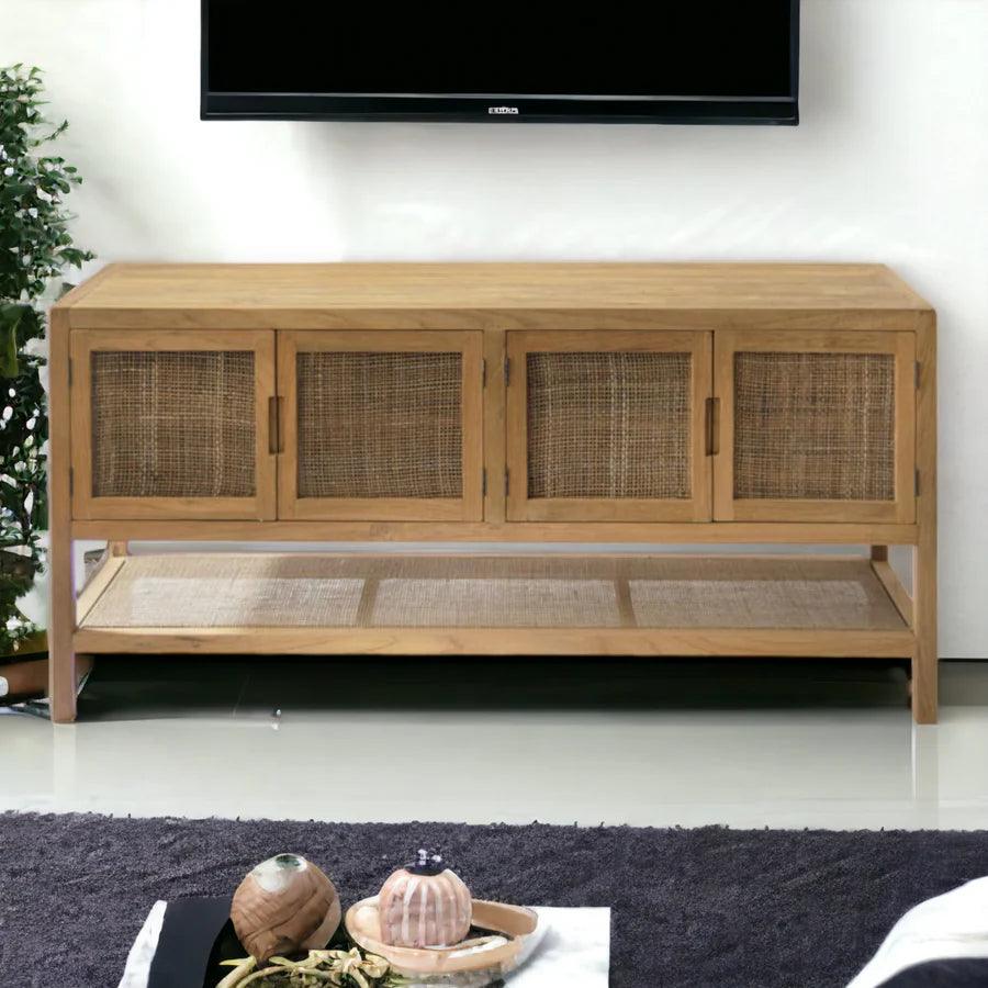 SOLID TEAK WOOD & RATTAN TV UNIT