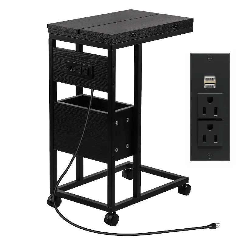 Tall Nightstand with Charging Station 26 Inch High C Shaped Farmhouse End Table with USB Ports and Outlets Black