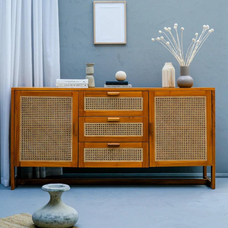 TEAK WOOD & RATTAN CABINETS & SIDEBOARD