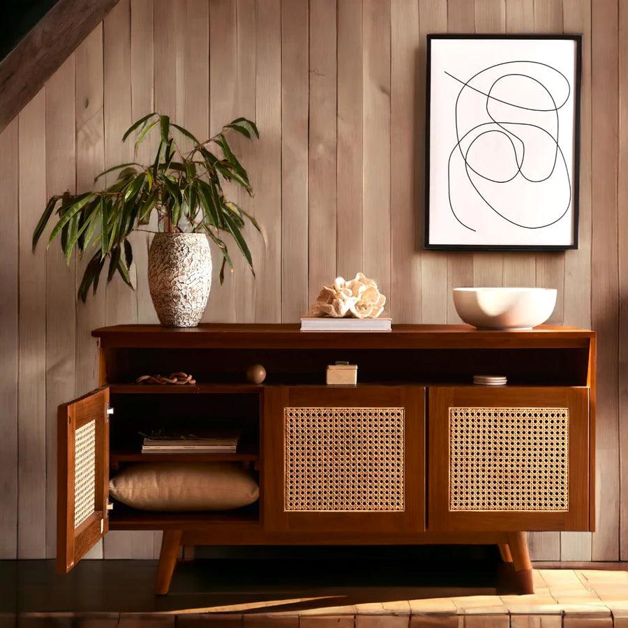 TEAK WOOD & RATTAN TV UNIT