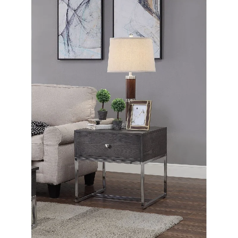 Transitional End Table in Gray Oak and Chrome Nightstand