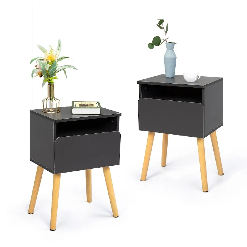 Upgraded Set of 2 Modern Wood Nightstand with Drawer, End Table with Solid Wood Legs and Storage Drawer