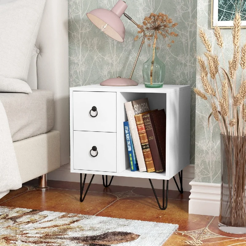 White Finish Nightstand Side End Table with Two Drawers and Open Shelf 22" H