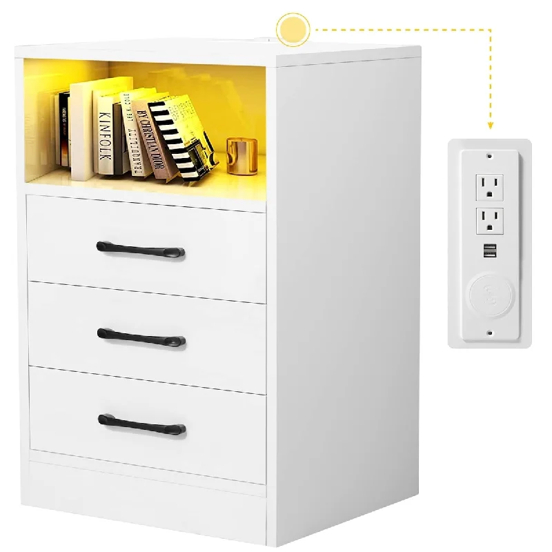 White Nightstand with Wireless Charging Station, End Table with Led Lights, USB Ports and Outlets, Night Stand with Drawers