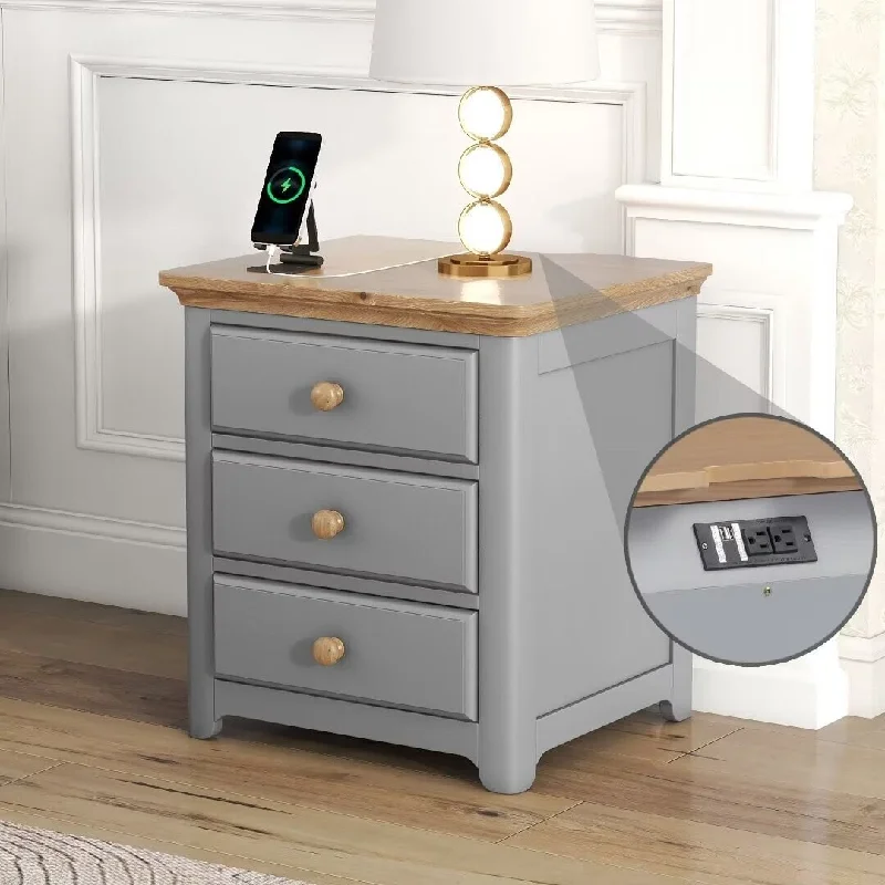 Wooden Nightstand with USB Charging Ports and Three Drawers,End Table