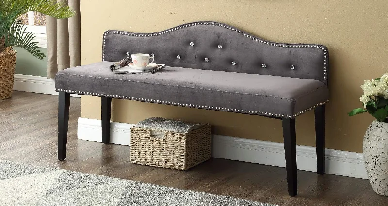 Grey Velvet Bench with Rhinestone Crystals