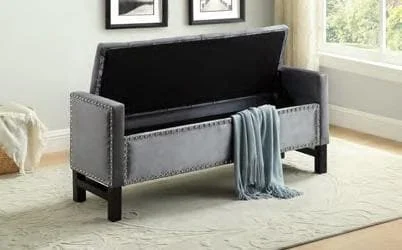 Grey Velvet Storage Bench with Chrome Nailhead